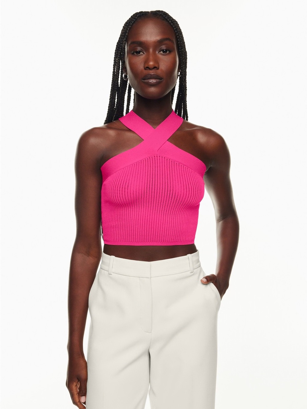 Babaton Fuchsia Cross-Strap Knit Crop Top